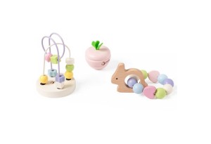 Бебешки дървен комплект от сортери и дрънкалки в пастелни цветове