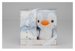 Бебешко одеяло 80х110см с играчка Пингвин 25см - Син