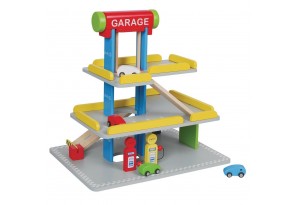 Lelin Toys - Дървен детски паркинг, с бензиностанция и автомивка