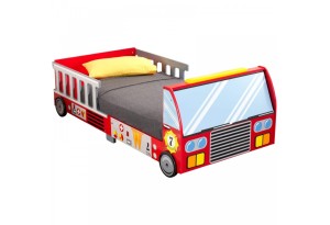 Дървено Детско Легло - Пожарна Кола с Рамка за Безопасност - FIRE