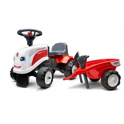 Бебешки трактор с ремарке, гребло и лопатка – бяло с червено