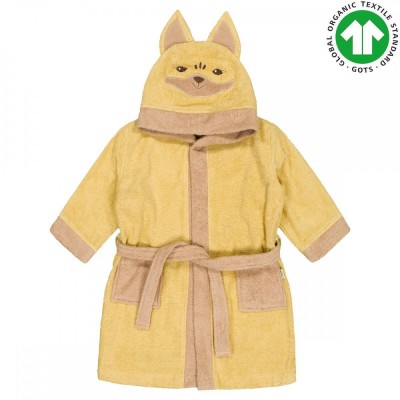 Детски халат от органичен памук, жълт, с апликация на лисиче, Bio Baby - 104 см. / 4 г.