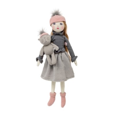 Парцалена кукла с дълга коса за прически Pompon с коте, сива, 40 см.